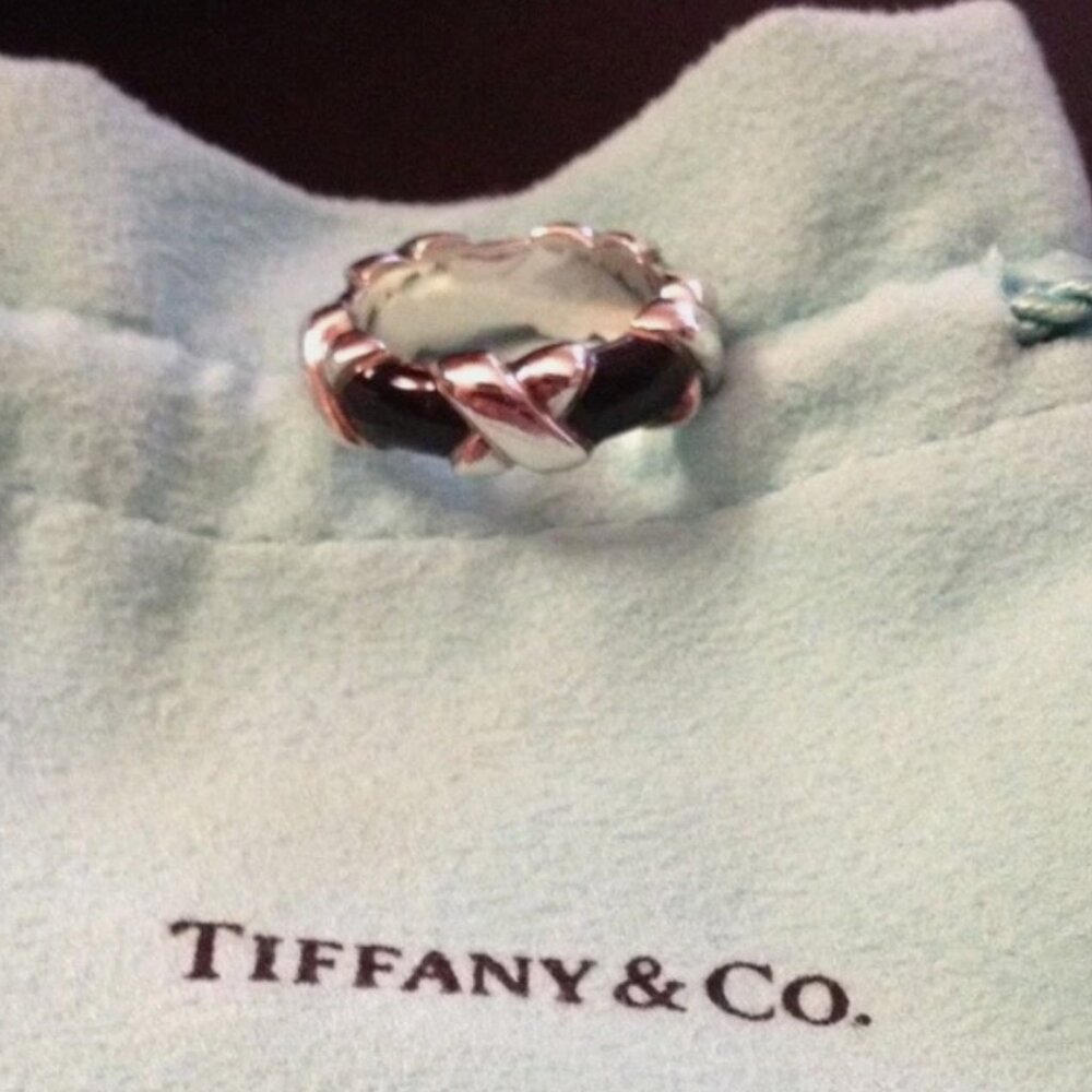 Tiffany & Co Black Enamel Sterling Silver X Ring 5 Authentic